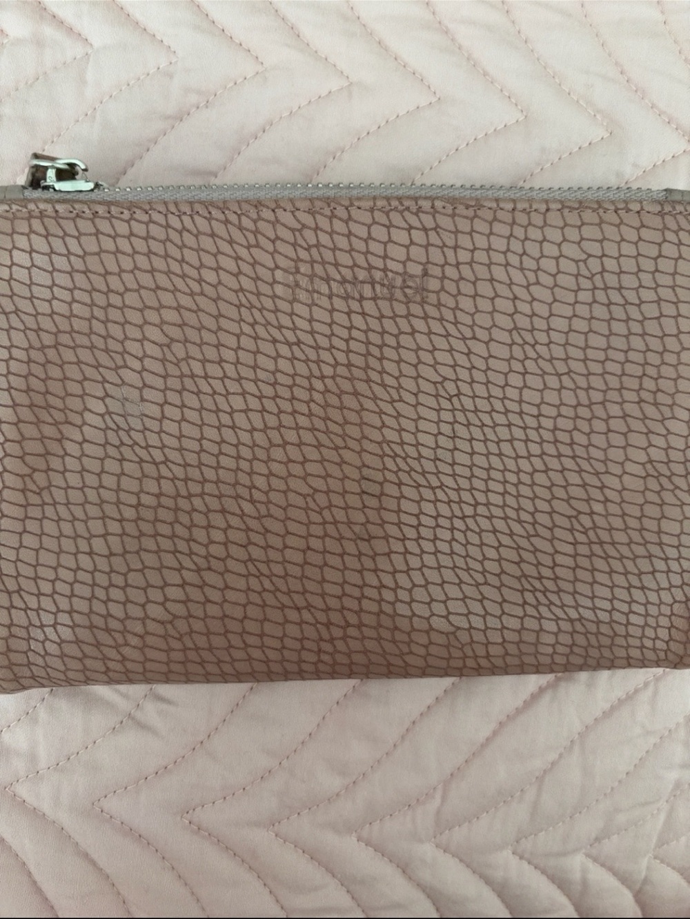 Genuine Leather Large Zip Around Wallet Soft Taupe Pink Croc Embossed EUC